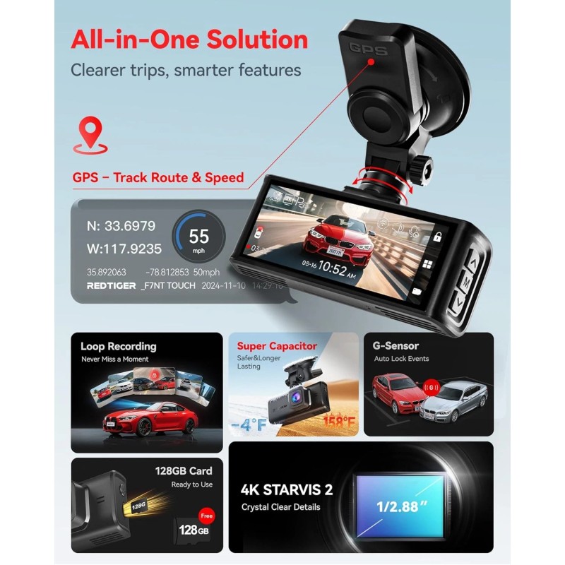 REDTIGER F7NT 128G Dash Camera 4K Front and Rear,Touch Screen