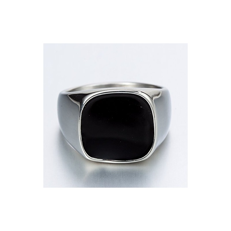 JUDE Stainless Steel Black Enamel Classical Plain Signet Ring (Silver