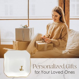 OASSIE Birthday Gifts for Women - 4"x4" Initials Ceramic Jewelry Dish Tray Letter J - Engagement Wedding Bridal Shower Gifts for Bride, Bridesmaid Gift, Birthday Gift for Her Teacher Friend