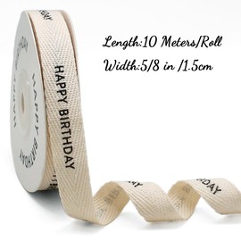 FQTANJU Happy Birthday Cotton Ribbon 5/8 Inch x 10 Meters Natural Twill Tape Herringbone Cotton Crafts Gift Wrapping Ribbon for Crafts Supplies Holiday Party Gifts Wrapping Ribbons