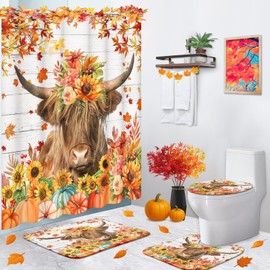ArtSocket Highland Cow Bull Pumpkin Floral Bathroom Set with Shower Curtain and Rug and Accessories, Sunflower Vintage Fall Shower Curtain Set for Bathroom Decor 4 Pcs