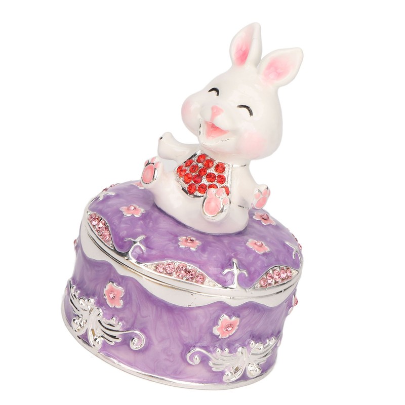 Rabbit Figurine Trinket Boxes Hand Painted Rhinestones Small Jewelry Box
