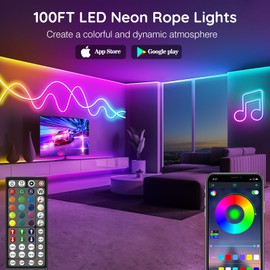 100Ft Neon Rope Lights,Flexible Led Rope Lights Control with App/Remote,Multiple Modes Rope Lights,IP65 Outdoor RGB Led Neon Lights Waterproof,Music Sync Gaming Led Neon Light Strip for Bedroom Decor