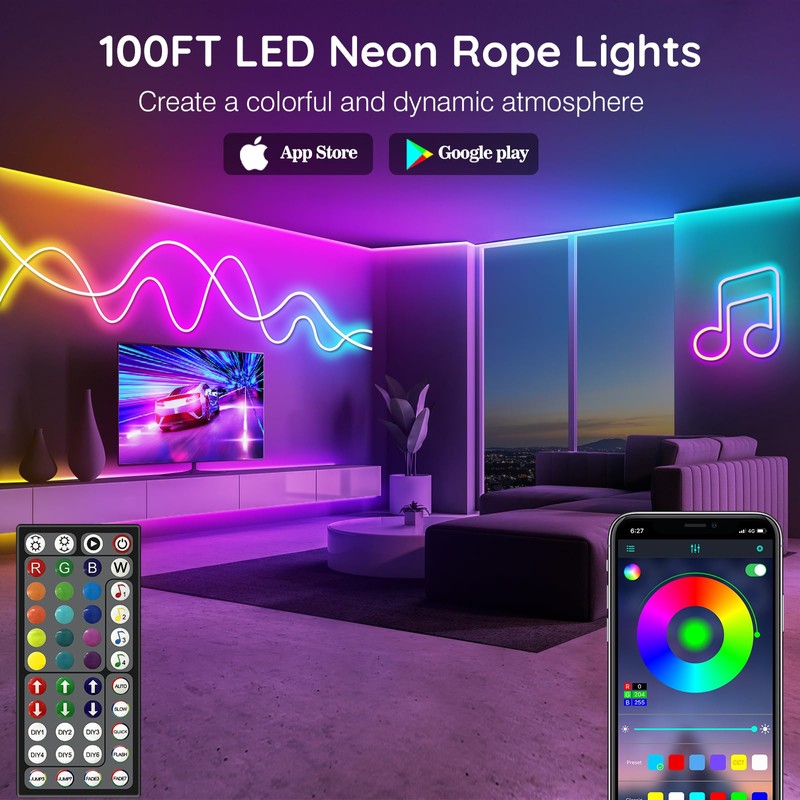 100Ft Neon Rope Lights,Flexible Led Rope Lights Control with App/Remote,Multiple