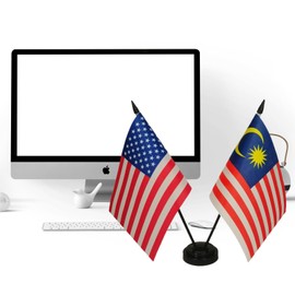 US American & Malaysia Friendship Table Flag Display, American & Malaysia Desk Flag, American & Malaysian Twin Desk Flag Set-Miniature US & Malaysia Desktop Flag
