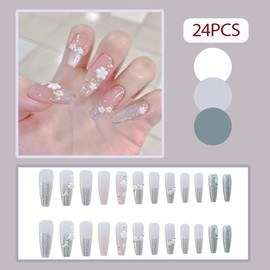 Hrnsnails Long Press On Nails Coffin White Fake Nails with Glitter French Tip Nails and Flower Charm Nail Press Ons Design, Artificial False Nails Press On Nail Kit Stick On Nails for Women
