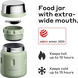 BOBBER 16 oz Insulated Stainless Steel Thermos for Hot Food, Extra-Wide Mouth Soup Container with Spoon and Bowl - Keeps Rice and Pasta Hot for 10 Hours and Salads Cold for 15 Hours (Green)