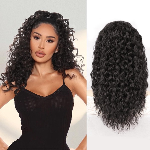 QGZ Afro Curly Ponytail Extension Long Black Brown Drawstring Ponytail for Black Women Synthetic 18 Inch Fluffy Hairpiece for Daily Use