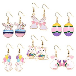6Pairs Easter Dangle Earrings Set Cute Enamel Earrings Colorful Eggs Bunny Drop Earrings for Women Party Gifts