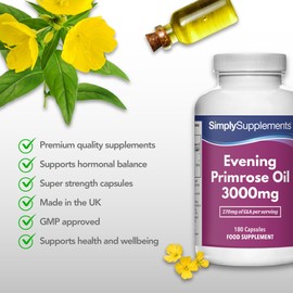 Evening Primrose Oil 3000mg | 180 Capsules | Cold Pressed Soft Gel Capsules | Contains Rich Concentrations of Gamma Linolenic Acid (GLA)