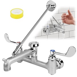 ZKDAUSDO Commercial Mop Sink Faucet with Wrist Blade Handle - Smoother, Wall Mount Service Sink Faucet with Vacuum Breaker 8 Inch Adjustable Center, Pail Hook, Rough Chrome-Plated Utility Sink Faucet