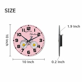 NOMEDOGYIM Bicycle Wall Clock Battery Operated Daisy Pink Background Wall Clock Silent Non Ticking Quality Quartz 10 Inch Round Easy Clock to Read for Home Office