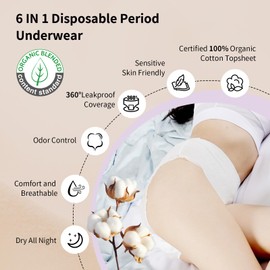 BezBezz Organic Disposable Period Underwear for Women, Postpartum Panties, Leak Proof Heavy Flow Overnight Diaper, Ultra Soft Keep Dry Fresh, Control Odor, Unscented for Sensitive Skin, Size S/M