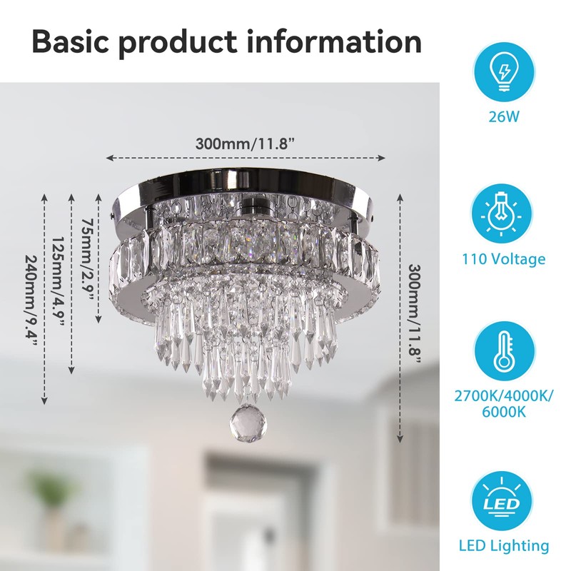Dimmable Crystal Chandeliers 11.8" LED Flush Mount Modern Ceiling Light