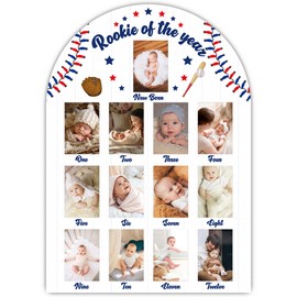 UIBOVA Rookie Of The Year My First Year Photo Board, Baseball Baby Milestone Signs for Boys Girls Nursery Decor, 12 Month Wooden Picture Board for 2x3 Photos, Best Babies Keepsake Gifts-A08