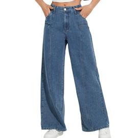 PEIHOT Mid Rise Wide Leg Jeans for Women Loose Front Seam Straight Leg Denim Boyfriend Pants Trendy, Light Blue Large