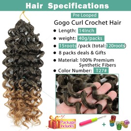 New Gogo Curl Crochet Hair Pre Looped 8 Packs Pre Twisted Curly Crochet Hair for Black Women Beach Curl Wave Crochet Synthetic Hair Extensions (14 Inch (Pack of 8) T27#)