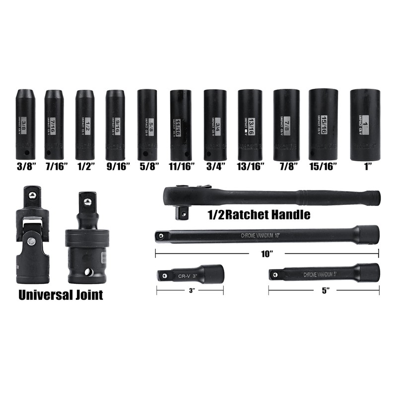 SEKETMAN 17PCS 1/2-Inch Drive Deep Impact Socket Set,SAE(3/8-1"),6 Point,CR-V steel,Includes