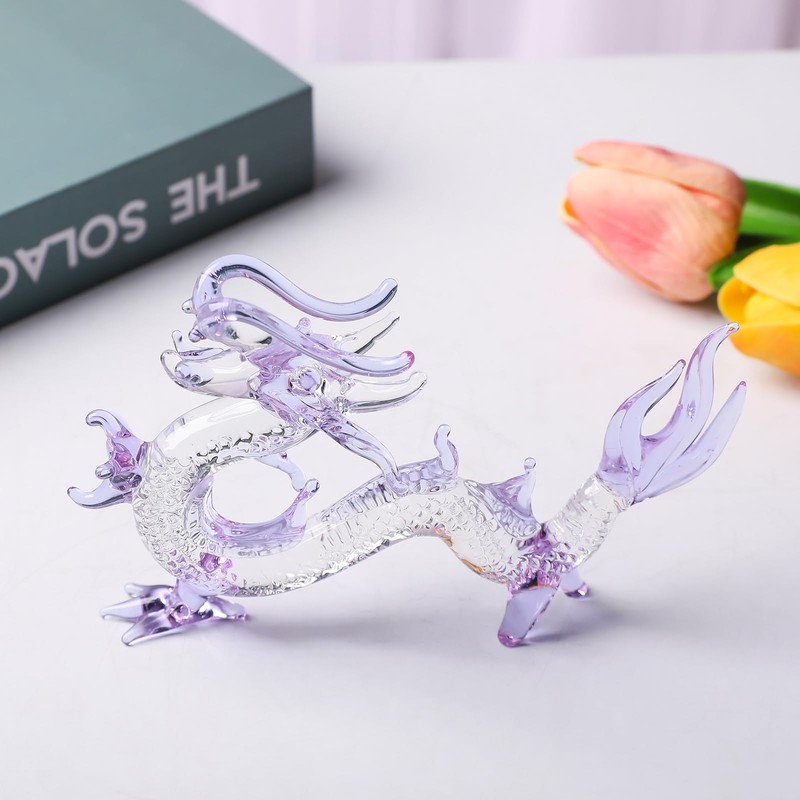 LONGWIN Crystal Dragon Statue Hand Blown Glass Dragon Figurines Chinese