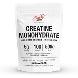 HEARTHY FOODS Monohidrato de creatina en polvo micronizado 500G  100 porciones, 5000 mg por porcin (0.18 oz)  17.64 oz para hombres y mujeres...      