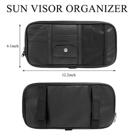 DXNQ Car Sun Visor Organizer, Double Zipper Leather Visor Storage Pouch with Multi-Pocket, Sunglass Holder Storage Pocket with Elastic Band for Cars SUVs Trucks, Car Accessories (Black)
