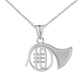 Elegant Sterling Silver French Horn Music Charm Pendant Necklace, 18" chain