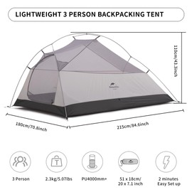 Naturehike Cloud-Up 3 Person Tent Lightweight Backpacking Tent with Footprint - Doule Layer 3 Season 3 Man Tent, Free Standing Camping Hiking Tent for Camping (20D Navy Blue)