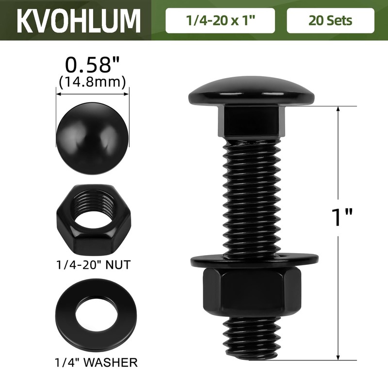 20 Sets 1/4-20 x 1 Carriage Bolt Kit, Round Head