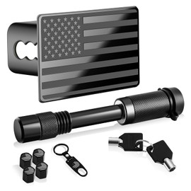 American Flag Metal Trailer Hitch Cover for 2 Inch Receivers with 5/8-Inch Heavy-Duty Trailer Hitch Pin Lock, 4 PCS Tire Valve Stem Cap Covers (Black)