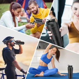 Shaker de Proteína HomeChi 700ml Acero Inoxidable Negro con Compartimento                                                                             