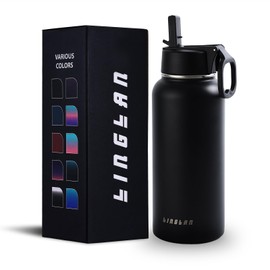 LINGLAN Stainless Steel Water Bottle Thermos Bottles with Straw Lid 950 ml Water Bottles Keep Cold for 24 Hours and Hot for 12 Hours (Black)
