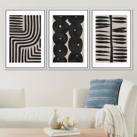 SIGNLEADER Framed Canvas Print Wall Art Set Geometric Black Paint Stroke Patterns Abstract Shapes Illustrations Modern Art Decorative Contemporary for Living Room, Bedroom, Office - 24"x36"x3 WHITE