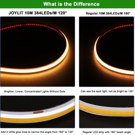 JOYLIT 24V 32.8FT/10M COB LED Strip Lights 120° 2700K Warm White Indoor 384LEDs/M High Density 7650LM Super Bright CRI 90+ Dotless Adhesive LED Tape Light for Bedroom, Kitchen, Commercial