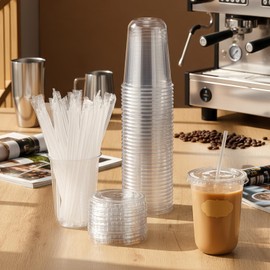 Ziliny 50 Sets Clear Plastic Cups with Lids Straws Disposable Round Bottom Ice Coffee Cups with Label Stickers for Cold Drinks Juice Smoothie Beer Cocktails Coffee Bar Party (16oz)