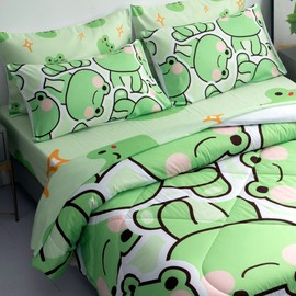 MUSOLEI 7 Piece Frog Comforter Set Frog Bedding for Kids Boys and Girls Full Size Frog Sheets Set Microfiber Bedding Sets for All Season (1 Comforter, 1 Flat Sheet, 1 Fitted Sheet, 4 Pillowcases)