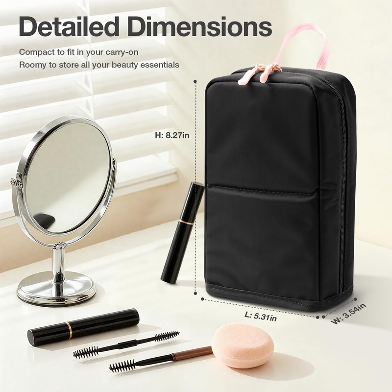 Abiudeng Stand Up Travel Makeup Bag, Small Black Waterproof Cosmetic