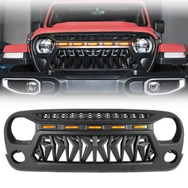 MATMACRO Shark Grille Mesh Grille For Jeep Wrangler JK JKU Unlimited Rubicon Sahara Sport Front Grill with Amber Lights 2007-2018
