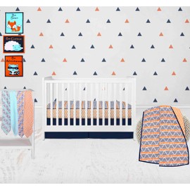Bacati - 100 Percent Breathable Cotton Muslin/Percale 10 Piece Nursery Baby Crib Bedding Set for Boys/Girls Including 4 Swaddling Blankets US Standard Crib (Aztec Orange/Aqua/Navy)