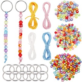 SUNNYCLUE 612Pcs Bead Keychain Kit Letter Alphabet Beads Acrylic Colorful Transparent Heart Loose Spacers 12M Nylon Cords 304 Stainless Steel Split Key Rings for Keychains Making Women Adult DIY Craft