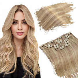Ugeat Clip-In Real Hair Extensions, Blonde Extensions, Remy Golden Blonde with Light Blonde, Double Wefts, 5 Pieces, 85 g, 30 cm