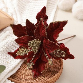 vctops 6 Pcs Christmas Poinsettia Artificial Flowers Shining Glitter Artificial Flower for Xmas Tree Wreath Ornaments New Year Wedding Party Holiday DIY Decoration, Burgundy