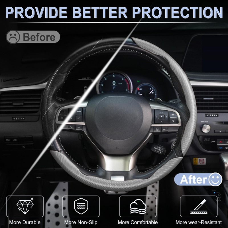 Amiss 3pcs Carbon Fiber Anti-Skid Steering Wheel Cover, Waterproof &
