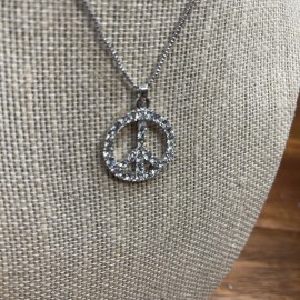 Carlton Cards Heavily Rhinestoned Peace Sign  Necklace Silver Chain New Very Nice Weight