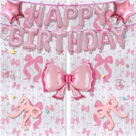 Kawaii Theme Birthday Decorations Include Pink Bow Balloons, Fringe Curtains Tinsel, Pink Bow Theme Birthday Party Supplies for Girls Baby Shower