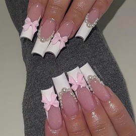 Mkwntg French Tip Press on Nails Long Square Fake Nails Pink Butterfly False Nails Glossy White French Full Cover Glue on Nails with Pearls Pink Bow Design Reusable Acrylic Nails for Women Girls 24Pcs