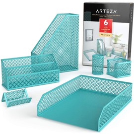 Arteza Desk Organizer Accessories Set of 6, Tiffany Blue, Includes Pencil Cup Holder, Letter Sorter, Tray, Magazine Holder, Name Card Holder, & Sticky Note Holder, Office Supplies for Home or Office