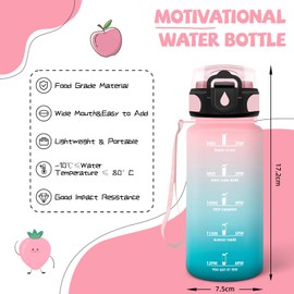 Children's Drinking Bottle, 500 ml, Drinking Bottle with Straw, Can Be Carried, Leak-Proof, with Time Marking, Motivation Drinking Bottle for School, Office, Running, Pink-Cyan