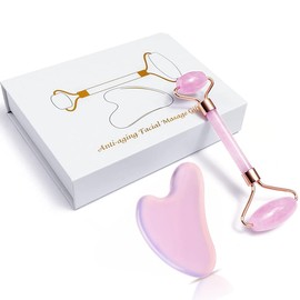 Gua Sha Tool Guasha Massage Tool 100% Natural Jade Stone for Face Care, Relieve Wrinkle Eye Puffiness Treatment, Back Spa (Pink Roller and Guasha)