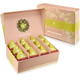 Teabloom Organic Lemon Mint Chamomile Pyramid Tea Presentation Box, 12 Herbal Tea Blends, Whole-Leaf Pyramid Tea Sachets