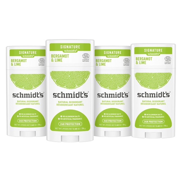 Schmidt's Aluminum Free Natural Deodorant For Women and Men, Bergamot & Lime with 24 Hour Odor Protection, Certified Cruelty Free, Vegan Deodorant, 2.65oz 4-pk